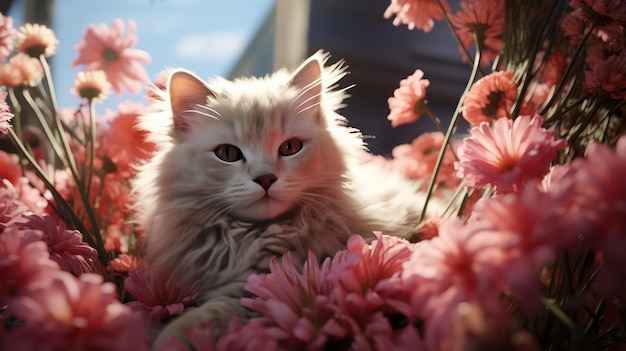 weiße Katze, die in Blumen schläft