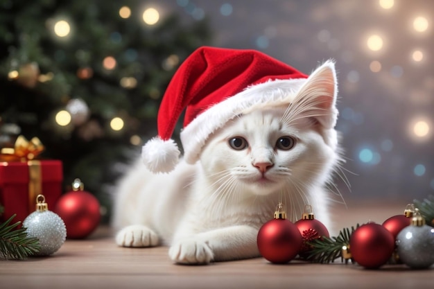 Foto weiße katze mit weihnachtsmannshut in einer weihnachten-dekorationsszene