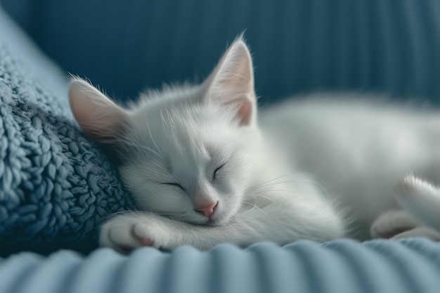 Weiße Katze schläft auf blauem Hintergrund.