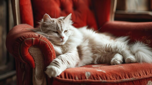 Weiße Katze sitzt entspannt auf einem roten Chesterfield-Sofa