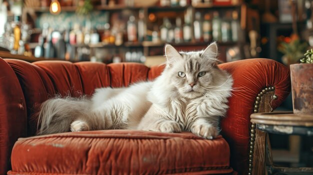 Weiße Katze sitzt entspannt auf einem roten Chesterfield-Sofa