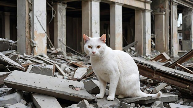 weiße Katze vor dem Hintergrund von Ruinen