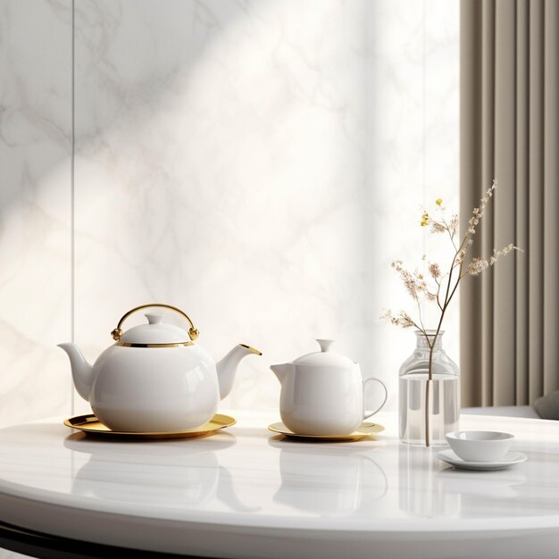 Weiße Keramik-Teekanne und Tasse auf dem weißen Marmortisch, 3D-Rendering