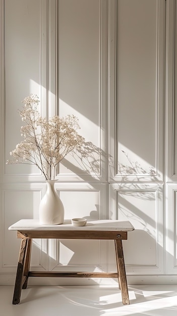 Weiße Keramikvase mit Blumen auf einem rustikalen Holztisch in der Nähe des Fensters Sonnenlicht Platz für die Kopie