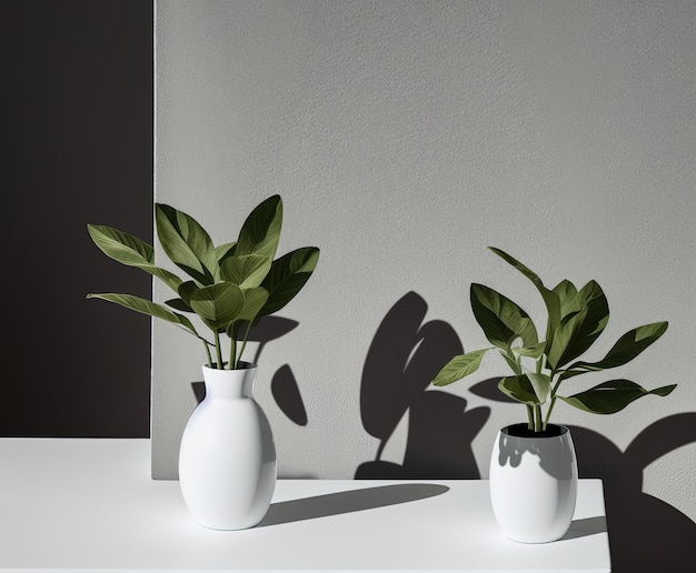 weiße Keramikvase mit einer Pflanze auf grauem Hintergrund