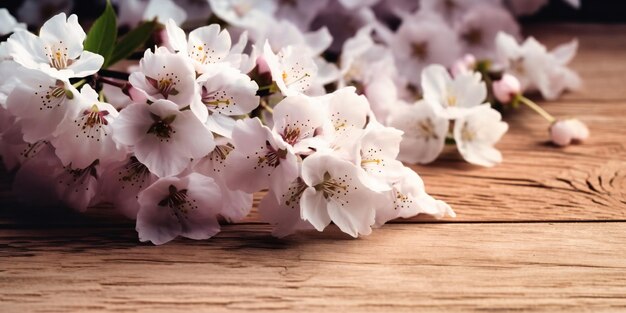 Weiße Kirschblüten auf einem hellen Holzhintergrund