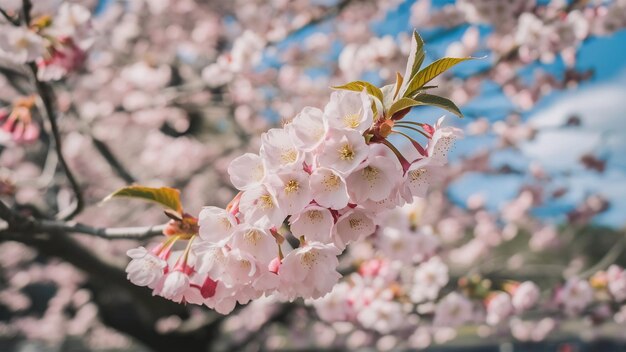 Weiße Kirschblüten blühen im Frühling auf einem Baum mit verschwommenem Hintergrund