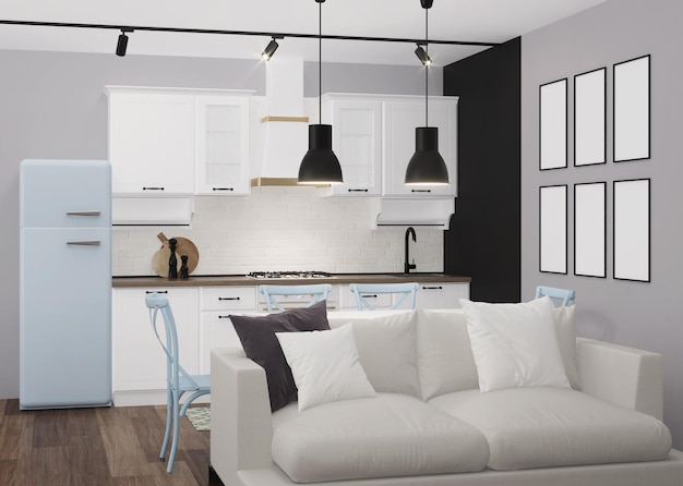 Weiße klassische Küche mit blauem Kühlschrank und schwarzer Kreidewand. 3D-Rendering.