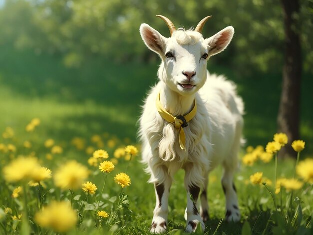 Weiße kleine Ziege steht an einem sonnigen Tag auf grünem Gras mit gelben Löwenzahn