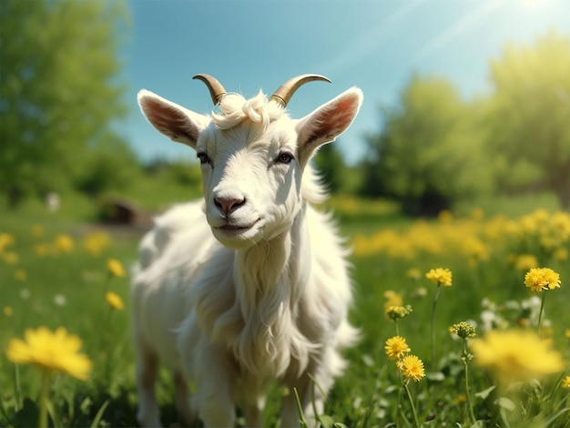 Weiße kleine Ziege steht an einem sonnigen Tag auf grünem Gras mit gelben Löwenzahn