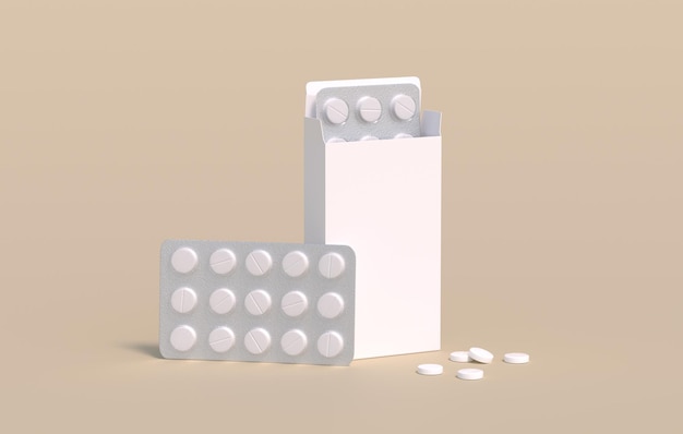 Weiße Kreispillen in Packung mit zwei Blisterpackungen in Kartonverpackung Mockup-Vorlage 3D-Rendering