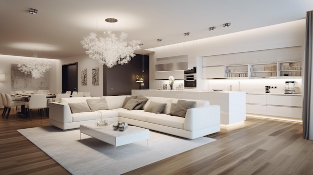 Weiße Küche und Wohnzimmer mit luxuriöser Innenarchitektur Generative AI und offenem Grundriss