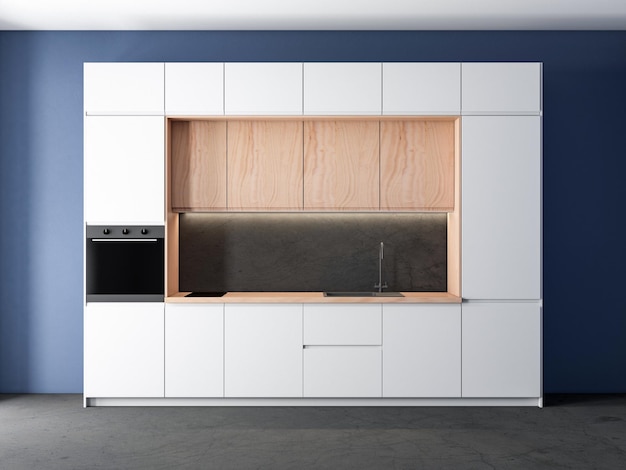 Weiße Küchenmöbel aus Holz im Zimmer, 3D-Rendering
