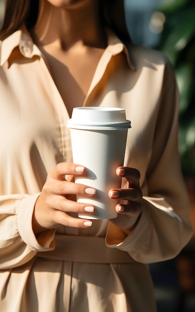 Weiße leere Pappbecher für Kaffee in weiblichen Händen