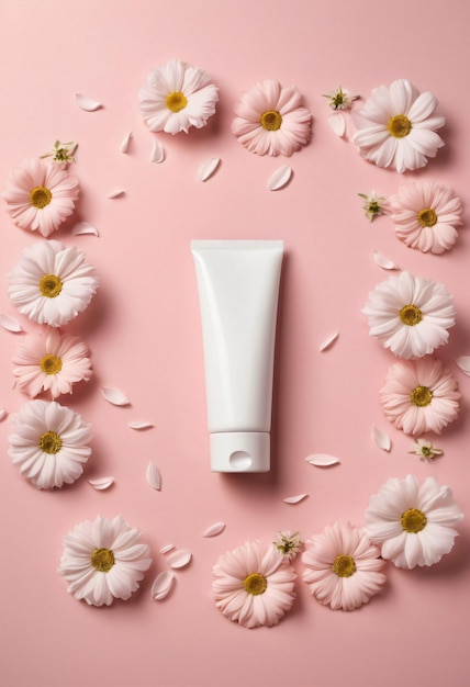 Weiße leere Röhre mit Hautpflege-Kosmetikcreme oder -Lotion auf weichem rosa Hintergrund mit Blumen Top-View