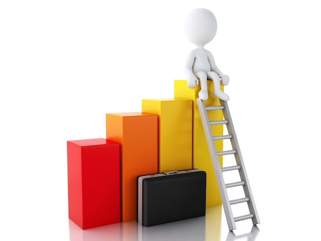 Weiße Leute 3d auf einem Statistikdiagramm. Erfolgskonzept.