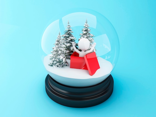 Weiße Leute 3D innerhalb eines Weihnachtsgeschenks in der Schneehaube.