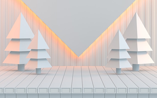weiße Luxus-Winter- und Weihnachts-Podiumsanzeige mit Baum und Geschenkbox 3D-Rendering