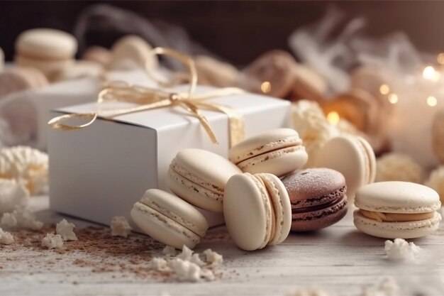 Weiße Macarons in einer Schachtel Geschenk-Macarons Generative KI