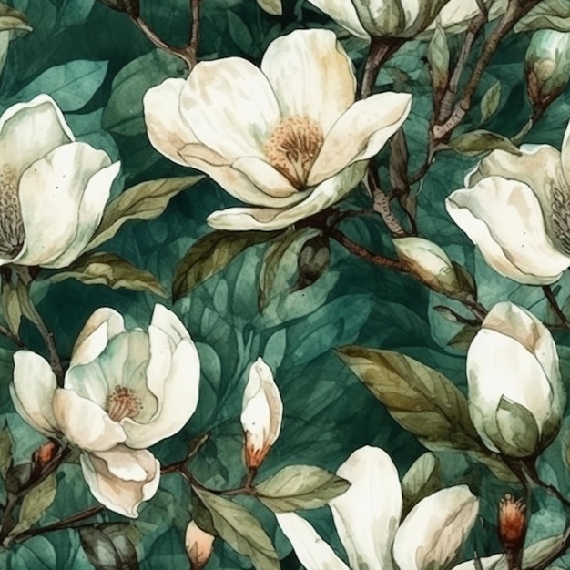 Weiße Magnolienblüten auf grünem Hintergrund. Aquarell.