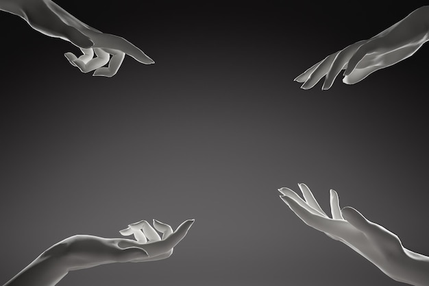 Weiße Marmorhände mit verschiedenen Gesten, die auf schwarzen Hintergrund zeigen Perfekter Hintergrund für Ihr Kosmetikmodeprodukt oder Schmuck 3D-Rendering