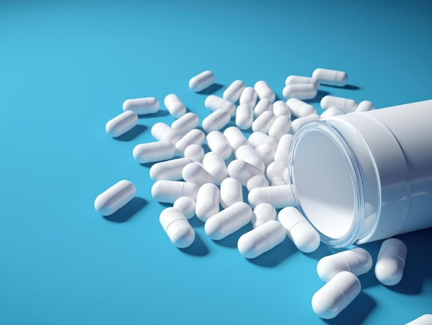 Weiße medizinische Pillen und Tabletten, die aus einer Flasche auf blauem Hintergrund verschüttet werden