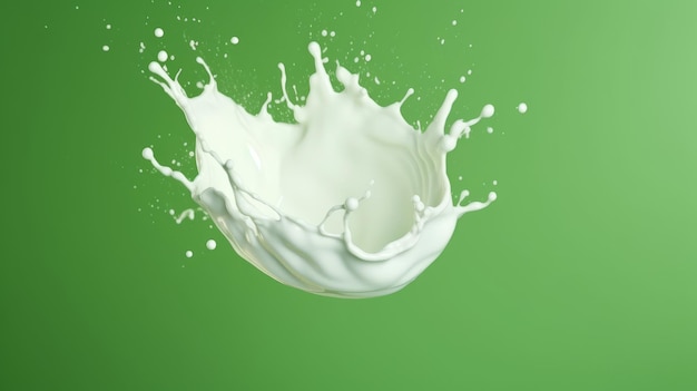 Weiße Milchspritzer isoliert auf grünem Hintergrund Weiße Flüssigkeitsspritzer