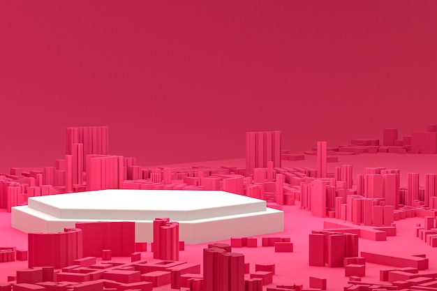 Weiße minimale Podiums- oder Sockelanzeige auf rosafarbenen Stadtgebäuden Kartenhintergrund 3D-Rendering für die Präsentation kosmetischer Produkte product