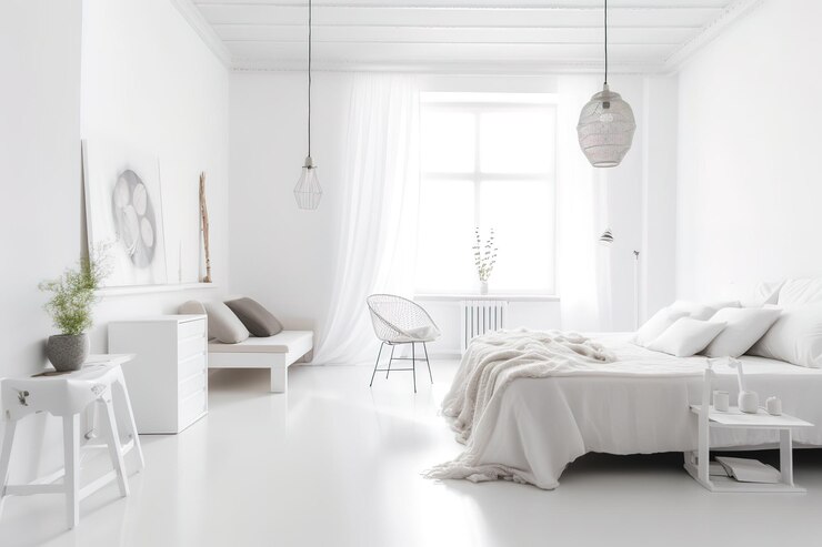 Weiße, minimalistische Wohnzimmereinrichtung mit Sofa auf einem Holzboden, Deko Generative AI