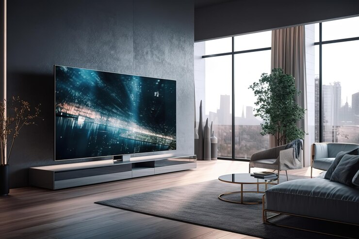 Weiße, minimalistische Wohnzimmereinrichtung mit Sofa auf einem Holzboden, Dekor an einer großen Wand, weiße Landschaft im Fenster, Zuhause, nordisches Interieur, skandinavisches Interieur, Poster-Attrappe, generative KI