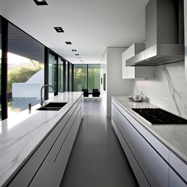 Weiße, moderne Küche in einem Haus mit wunderschönem 3D-Design