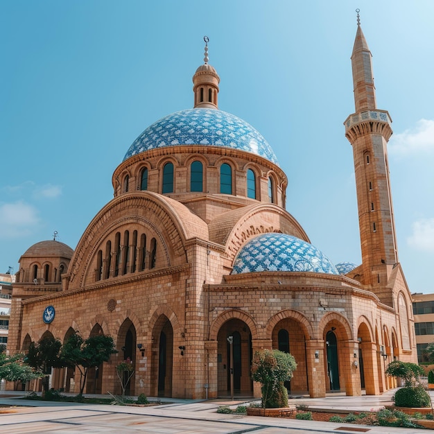 Weiße Moschee Ramla Schöne Moschee mit weißen Kuppeln und Minareten ein Symbol der Stadt Ramla