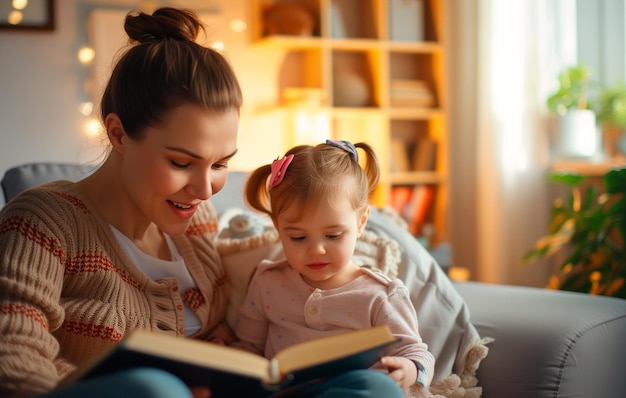 Weiße Mutter und Tochter lesen im Wohnzimmer ihres Hauses am Internationalen Tag des Buches