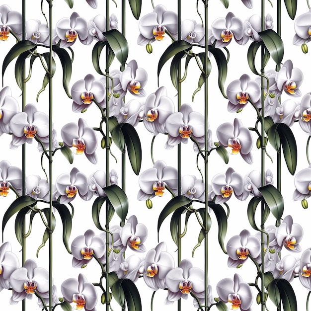 Weiße Orchideeblüte mit nahtlosem Blumenmuster auf weißem Hintergrund
