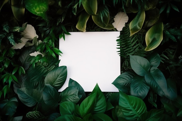 Weiße Papierkarte auf Lay-Grün-Blätter-Textur-Draufsicht-Hintergrund. Kreatives Layout im Naturkonzept