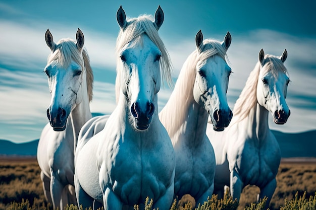 Weiße Pferde, die in einer Reihe in der Natur stehen Generative KI