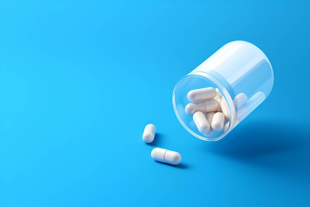 Weiße Pillen aus einer Plastik-Medizinflasche auf blauem Hintergrund. Generative KI