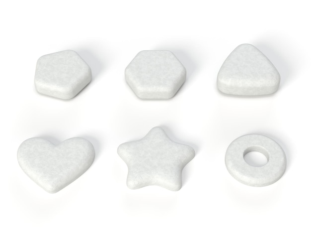 Weiße Pillen in individueller Form. Abbildung 3d getrennt auf Weiß. geeignet für Medizin-, Gesundheits- und Bodybuilding-Ergänzungsthemen