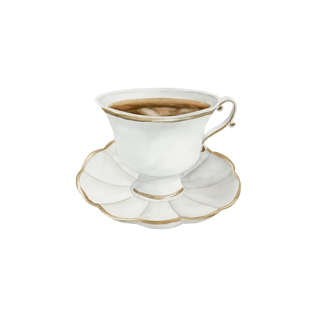 Weiße Porzellan-Tee-Tasse und -Tasse mit vergoldetem Rand im viktorianischen Stil Tee-Tasse Aquarell-Illustration