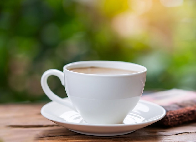 Weiße realistische Kaffeetasse mit Rauch isoliert auf Holztisch