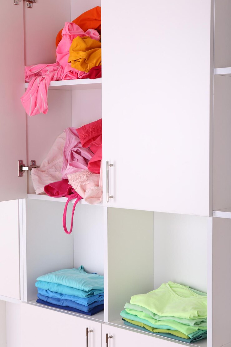Foto weiße regale mit farbigen kleidungsstücken in der nähe