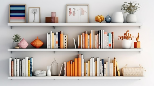 Weiße Regale mit weißen Büchern und hellweißem Dekor im Wohnzimmer oder Schrank im Haus, stilvolles und gemütliches Design im minimalistischen Stil von Generative Ai