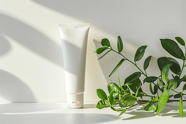 Weiße Röhre Schönheitscreme mit frischer grüner Pflanze