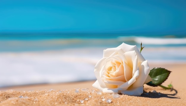 Weiße Rose an einem Sandstrand mit dem Meer im Hintergrund