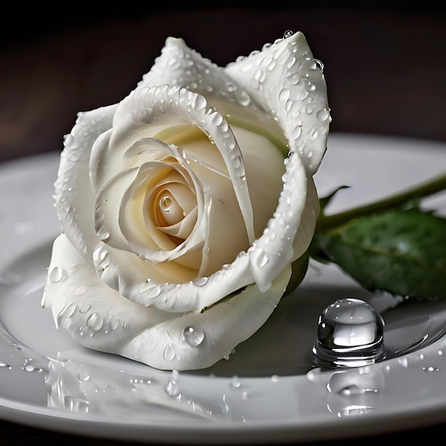 Weiße Rose auf einem Teller mit Wassertropfen, die von KI erzeugt wurden