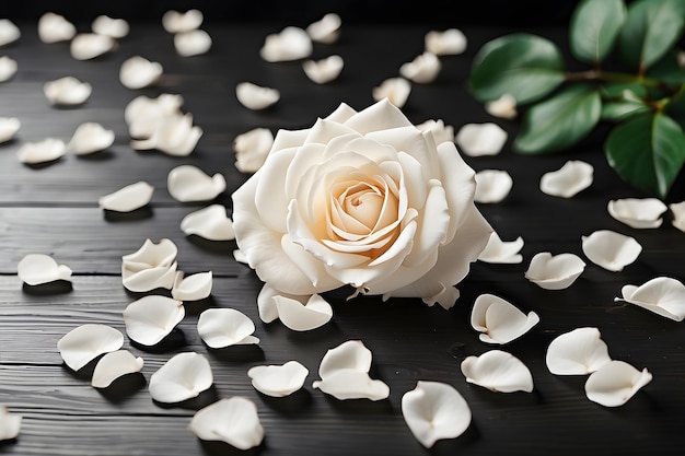 Weiße Rose und weiße Rosenblätter auf schwarzem Holzhintergrund