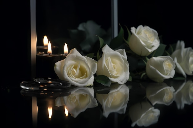 Foto weiße rosen, brennende kerzen, dunkel erzeugen ai