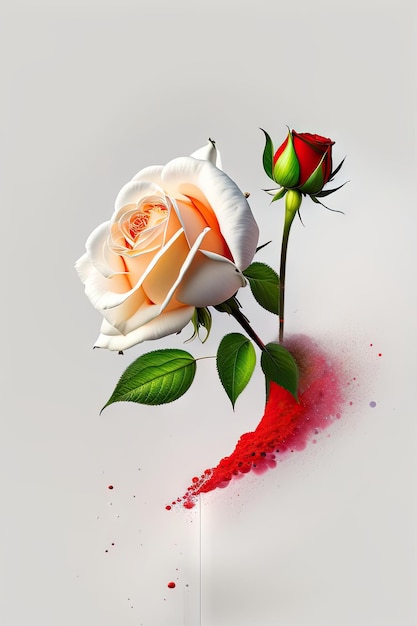 Weiße Rosen mit Spritzern roter Flüssigkeit auf weißem Hintergrund. Digitale Kunst