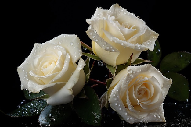 Weiße Rosen mit Tau auf schwarzem Hintergrund