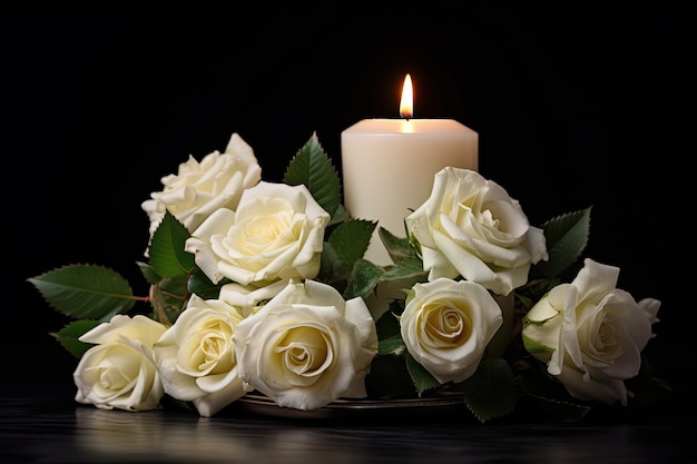 Weiße Rosen und eine Kerze auf einem schwarzen Tisch stellen eine Beerdigung dar